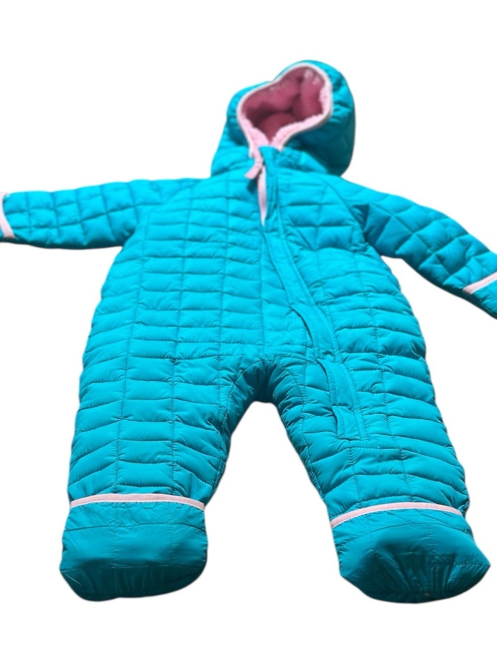 Snozu Teal Quilted Hooded Baby One-Piece with Pink Trim